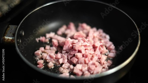 Diced Ham Stirred In Frying Pan