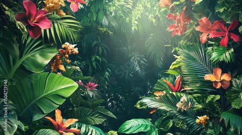 Lush tropical foliage with vibrant hibiscus flowers and soft sunlight filtering through the dense canopy