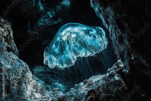 A bioluminescent jellyfish glows with ethereal blue light, framed by a rocky, underwater cave entrance. photo