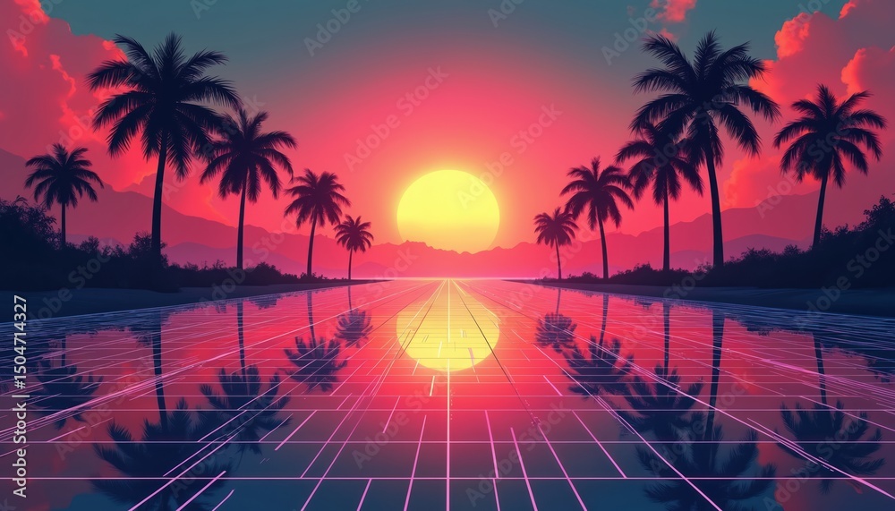 Naklejka premium Retro neon futuristic grid landscape with sun and palm trees. Cyberpunk vintage illustration. Sunset reflected water surface with grid. Dreamlike digital art. Palm trees silhouettes.