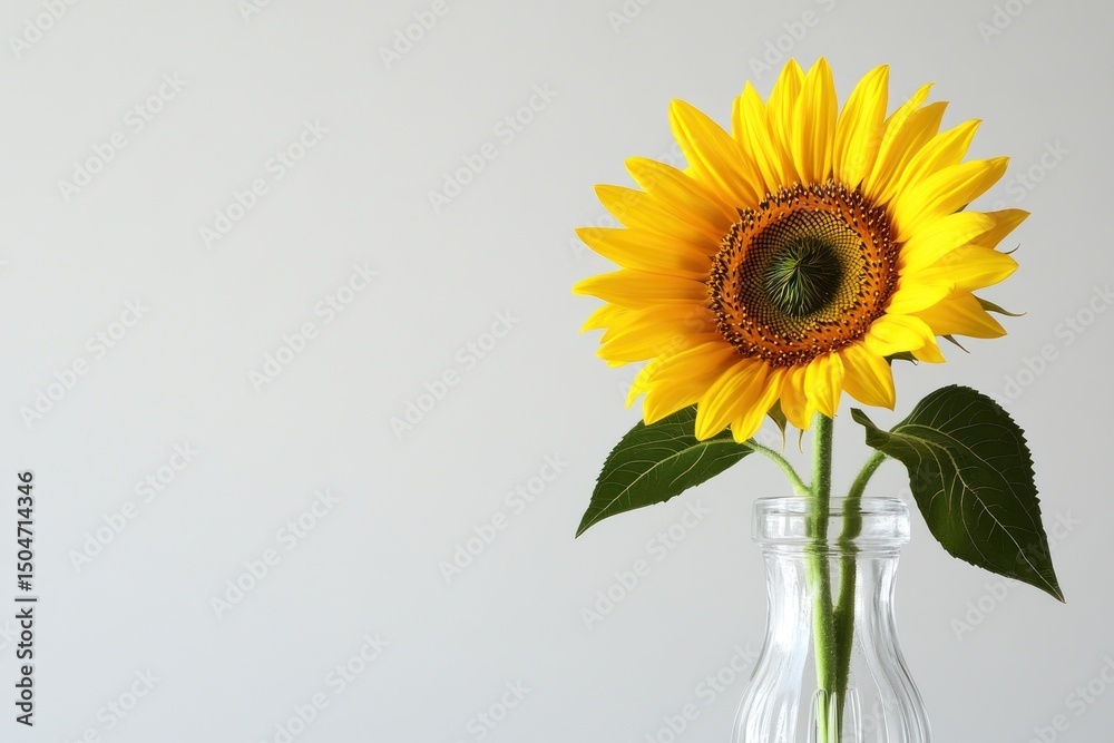 Obraz premium A single sunflower in a clear glass vase, placed on a bright white background, offering a cheerful focal point