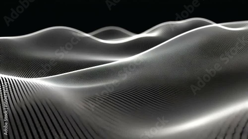 Abstract monochrome landscape with undulating waves formed by patterns of dots and lines against a stark black background, creating depth