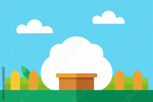 Vector illustration of a green city landscape with trees, buildings, and clouds, ideal for urban nature and eco-friendly designs