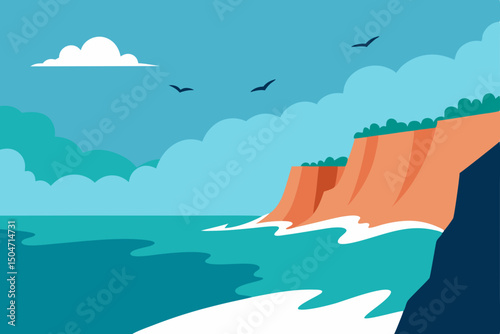 Ocean island landscape with beach, summer sun, and waves under a cloudy sky
