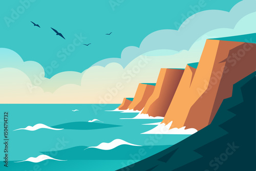 Sunset over a stunning sea landscape with mountains, rocks, and a summer sky