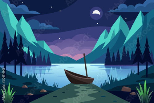 Night landscape of mountains and lake with a boat under the moonlit sky
