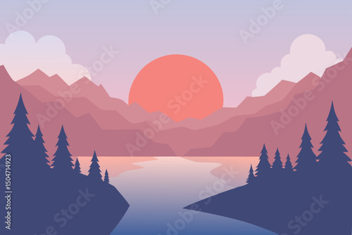 Mountain landscape at dawn or dusk, with misty peaks and snowy forests under a beautiful sky