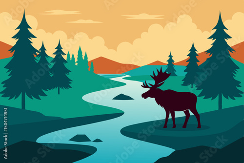 Winter forest landscape with a festive deer and snow-covered pine trees, perfect for a holiday card illustration