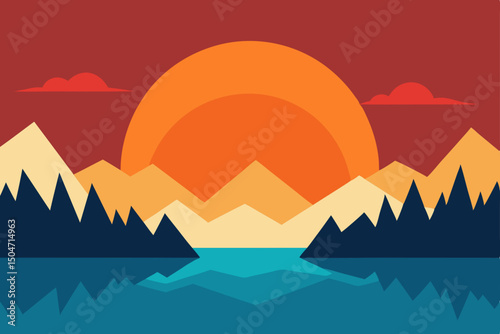 Sunset over a mountainous landscape with a sky, sun, and sea
