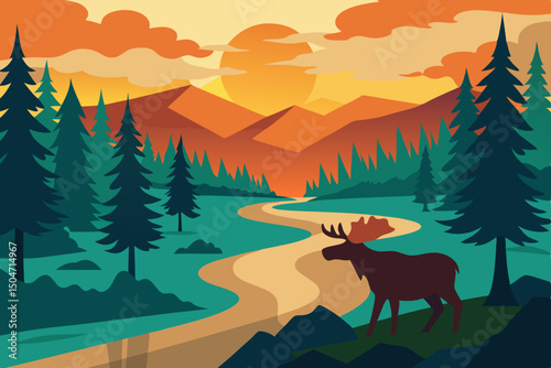 Wild deer in a serene mountain forest landscape at sunset, featuring an abstract winter silhouette of trees and a vibrant sky