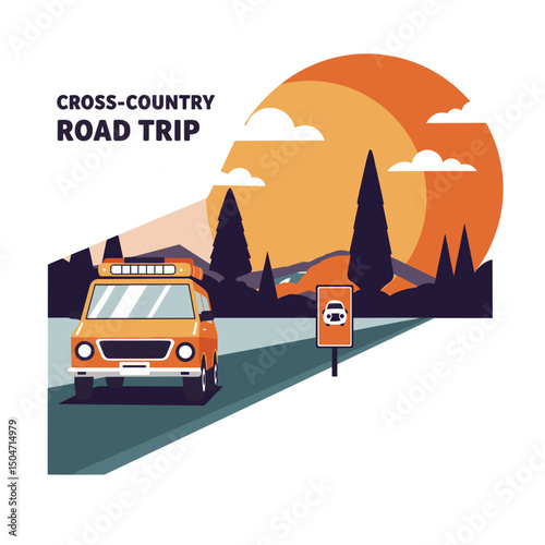 Vintage van on scenic highway during cross-country road trip at sunset  