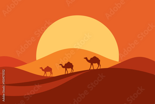 A solitary camel, a striking silhouette against the sunset sky, traverses the sand dunes of the desert landscape