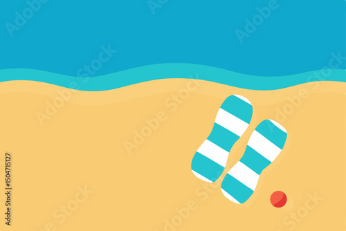 Tropical vacation design with flip-flops on a sandy beach by the ocean under the summer sun, a symbol of relaxation and travel