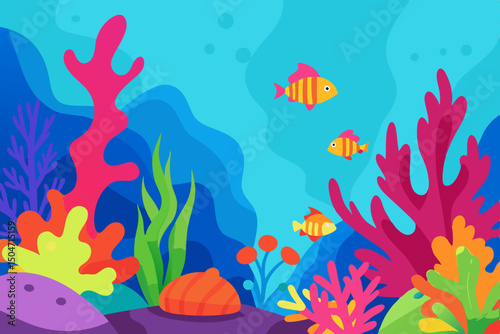 Tropical colorful fish and marine life in a blue underwater aquarium coral reef illustration