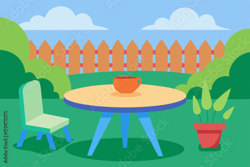 A set of wooden table and chairs in an empty garden of a cafe with a vintage design