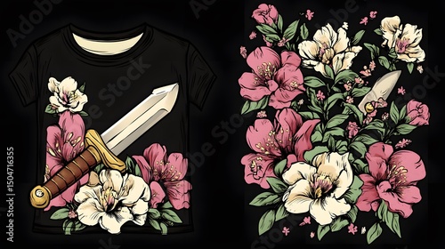 Floral Sword T-Shirt Design with Flowers and Dagger