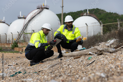 Industrial Engineer with Environment staff wearing green safety jacket and hard hat check  rubbish around factory 