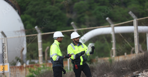 Two safety and environment inspectors  investigate a site, Environment engineer team with green safety jacket and PPE audit environment around factory Industrial and environment