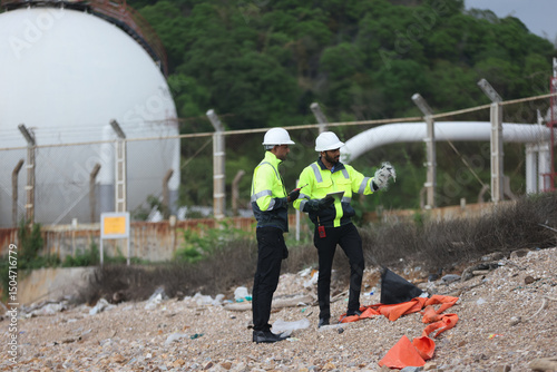 Two safety and environment inspectors  investigate a site, Environment engineer team with green safety jacket and PPE audit environment around factory Industrial and environment