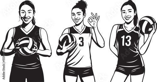 Group of female volleyball players smiling and posing