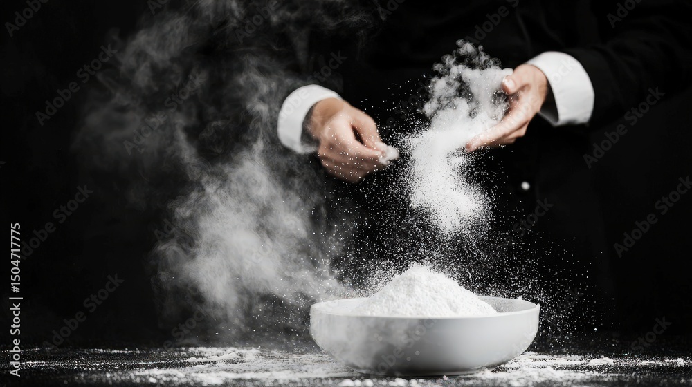 Obraz premium A chef sprinkles flour over a bowl, creating a cloud of powder against a dark background.