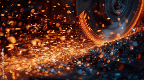 Close-up of sparks flying from a high-speed machine grinding and finishing a metal surface in an industrial workshop, glowing orange trails in motion, intense atmosphere with sharp