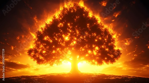 Fiery Sunset Tree Landscape Dramatic Orange Sky