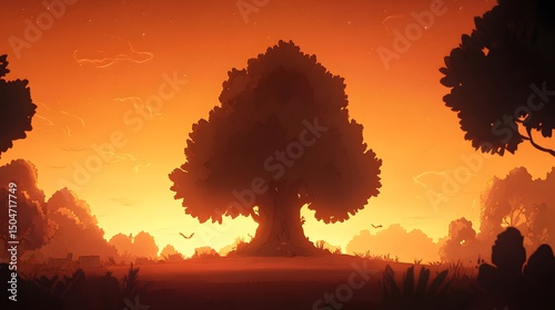 Majestic Oak Tree Silhouette at Sunset Landscape Illustration
