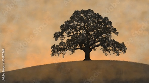 Majestic Oak Tree Silhouette Sunset Landscape
