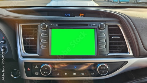 Car Dashboard Display with Green Screen for Mockup, Automotive Interior View