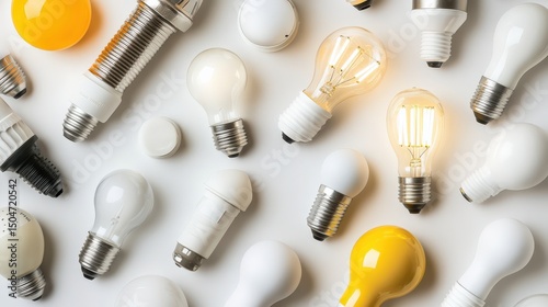 Collection of various light bulbs in different shapes and colors on a light background