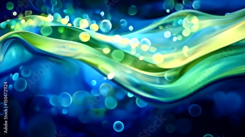 Serene abstract background featuring fluid, wave-like forms in shades of blue, green, and yellow, adorned with bokeh-like light orbs