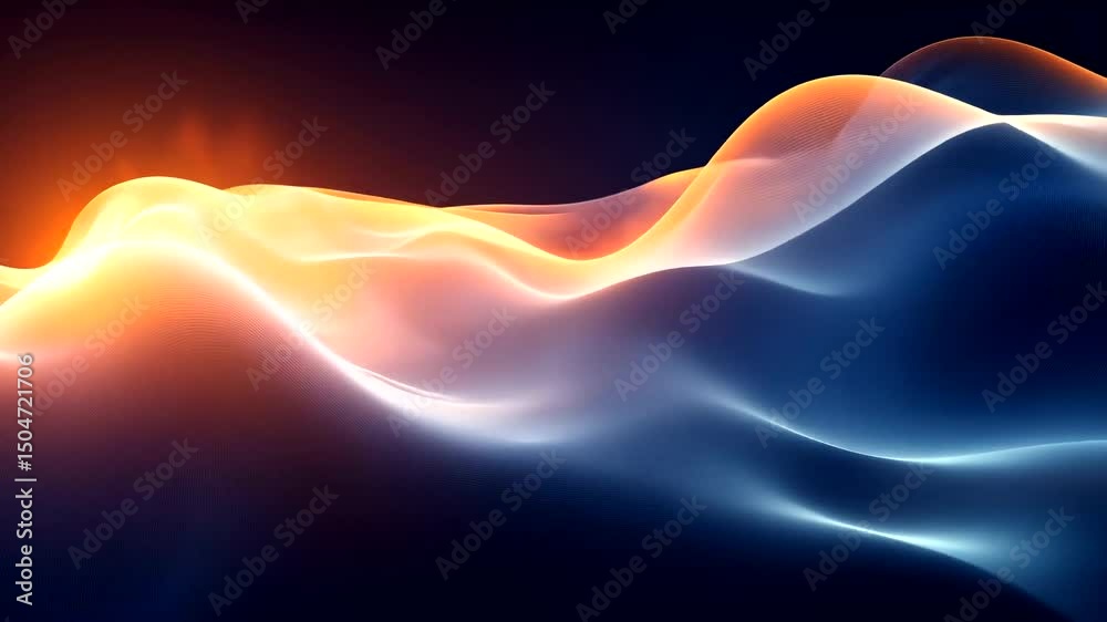 Undulating abstract landscape featuring flowing curves lit with orange and blue light against a dark backdrop, creating a sense of depth