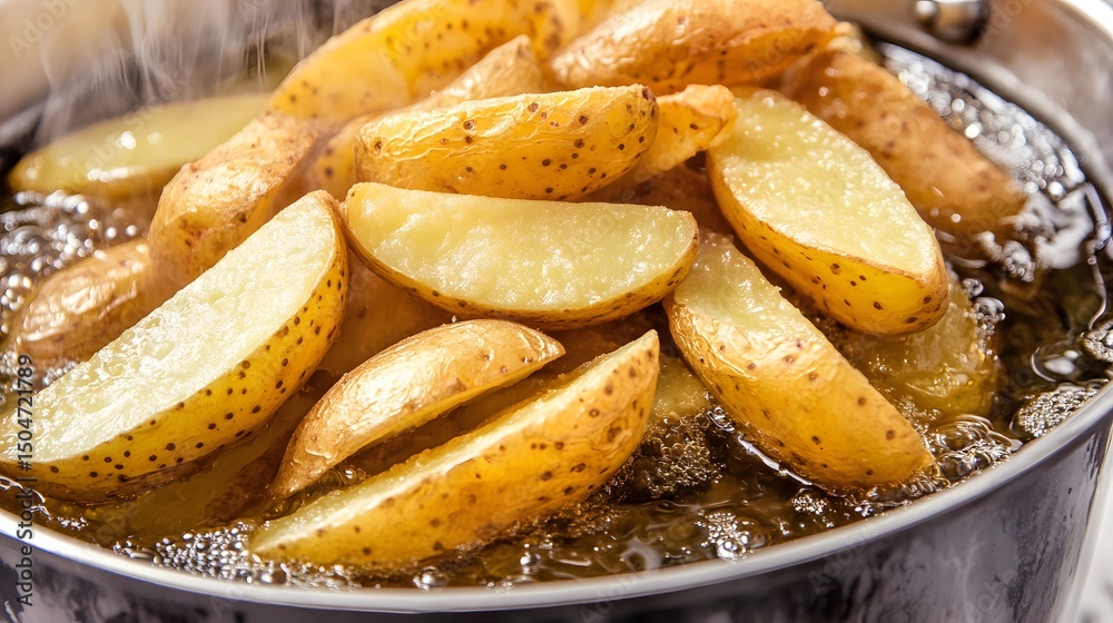 Crispy Potato Wedges Frying in Hot Oil Delicious Food Photography Crispy Potato Wedges Frying in Hot Oil Delicious Food Photography