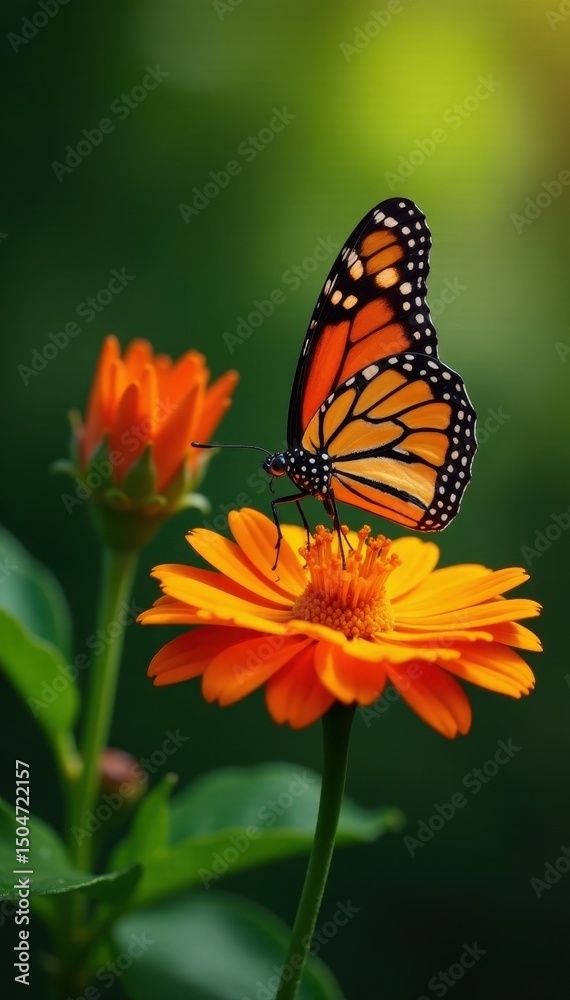 Obraz premium Monarch butterfly feeding on vibrant orange flower nectar , plant, lepidoptera, butterfly wings