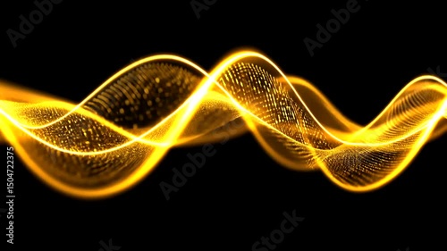 Abstract golden waves with dot matrix pattern dance against a stark black backdrop, creating a dynamic and futuristic visual effect