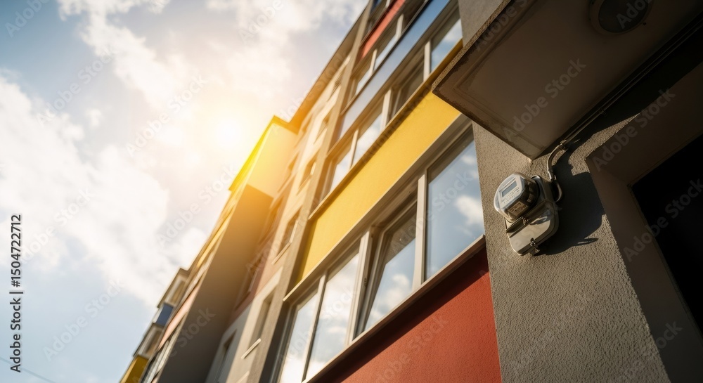Fototapeta premium Electricity meter on building facade. Residential energy consumption measurement device. Urban smart grid network.