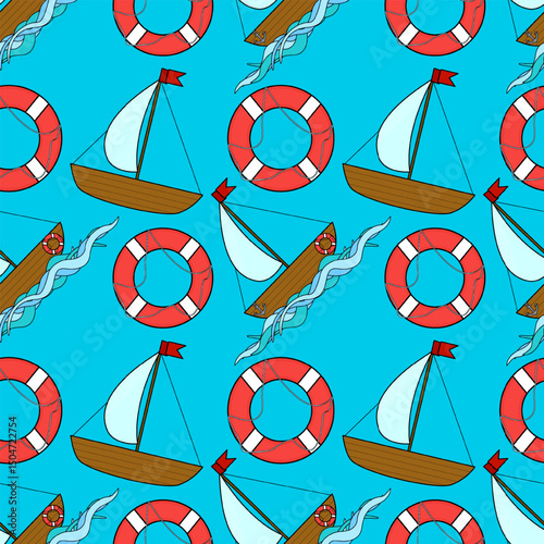 Seamless summer nautical cartoon pattern with sailboats, life buoys, ocean waves on blue background. For summertime, maritime and sea clothing design, bedding, wrapping paper, and nursery wallpaper.