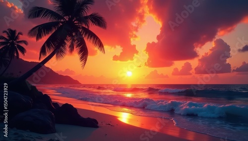 Dark palm silhouettes against fiery sunset, tranquil ocean waves , ocean, sunset colors, sand