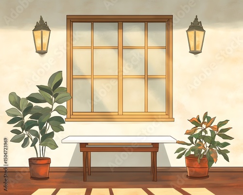 Sunny Patio with Plants and Window Table
