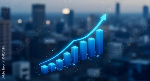 Glowing blue investment finance chart dynamic visualization depicting stock market business exchange financial growth curving line and bars