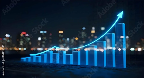 Glowing blue investment finance chart dynamic visualization depicting stock market business exchange financial growth curving line and bars