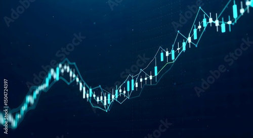 Digital stock market analysis chart rendering illustrating investment trading upward trends financial exchange data dark blue background