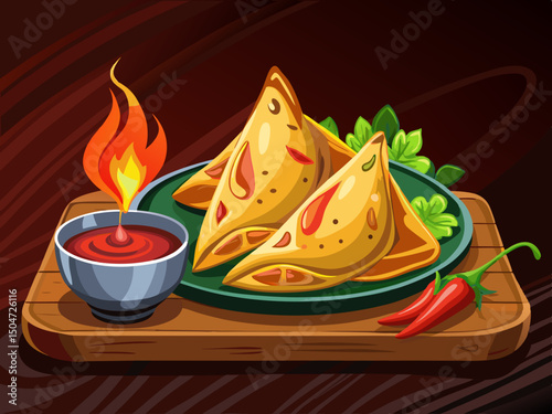 vector of Freshly cooked samosa in dark dish with special sauce on wooden table on dark background