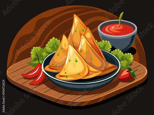 vector of Freshly cooked samosa in dark dish with special sauce on wooden table on dark background