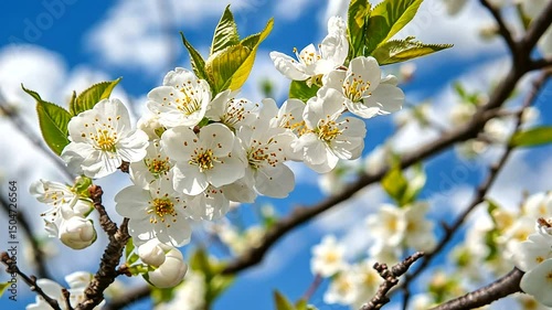 Pristine white blossoms with yellow centers, against a backdrop of a vibrant blue sky with soft, pillowy clouds