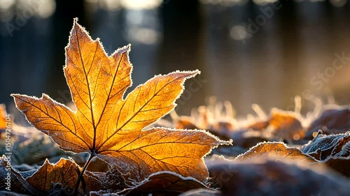 A backlit maple leaf lays on a frosted forest floor, illuminated by early morning sun, with bokeh in the background