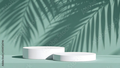 3d render mockup podium stand table shelf.  green abstract background. Palm tree lea