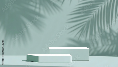 3d render mockup podium stand table shelf.  green abstract background. Palm tree lea