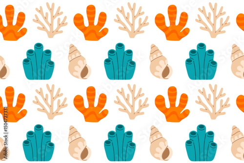Colorful underwater pattern with corals, seashells, and tube sponges on white background, ideal for ocean-themed textiles and designs